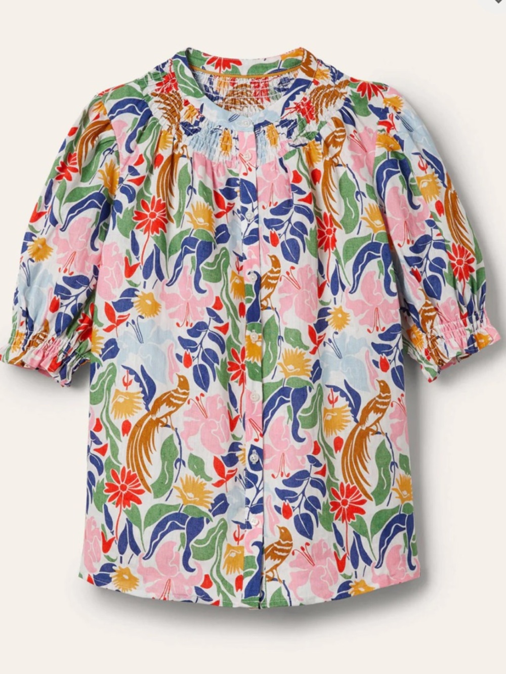 Boden Floral Puff-Sleeve Linen Top in Multi with Smocking